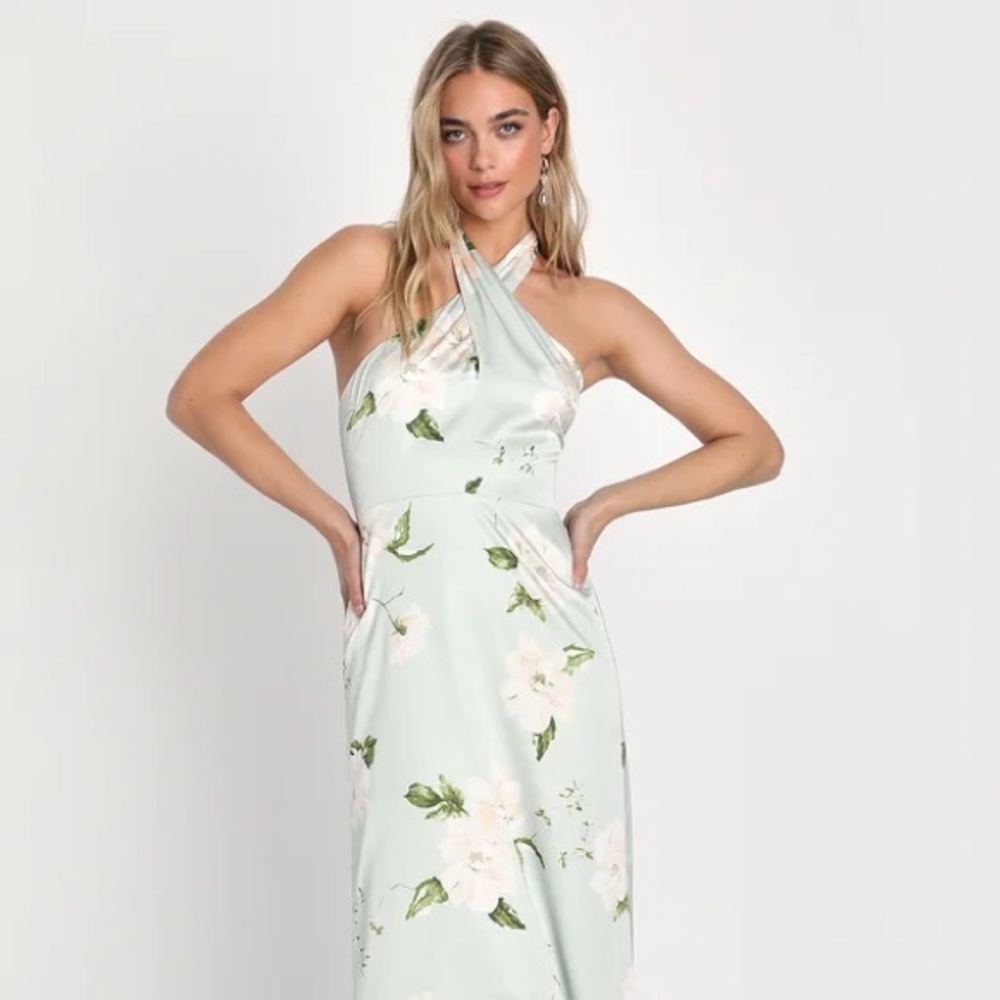 Charming Aspirations Light Green Floral Halter Maxi Dress Medium Lulus